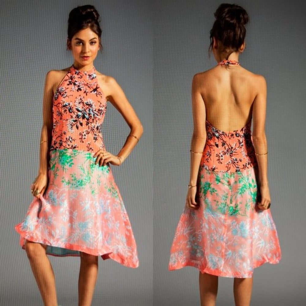 Nanette Lepore Size 8 Revolve Runway Sound Art Silk Dress in Coral Halter Flare